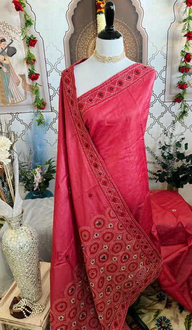 Lightweight Kutch Mirror Embroidery Pure Tussar Silk Saree | Shade of Light Vermillion Red | Hand Embroidery | Ships from California